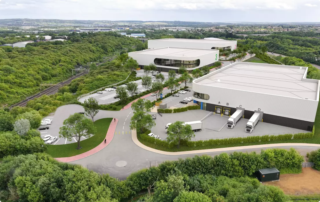 Gewerbeimmobilien-Visualisierung eines Logistikparks mit Hallen, Laderampen, Lkw, Straßen und Grünflächen