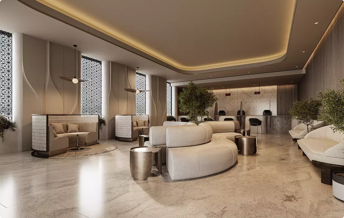 Gewerbeimmobilien-Visualisierung einer modernen Lobby mit geschwungenen Sofas, Marmorboden, Empfangstresen und warmem Licht