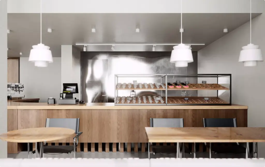 Gewerbeimmobilien-Visualisierung eines modernen Bäckereitresens mit Holzmöbeln und Pendelleuchten