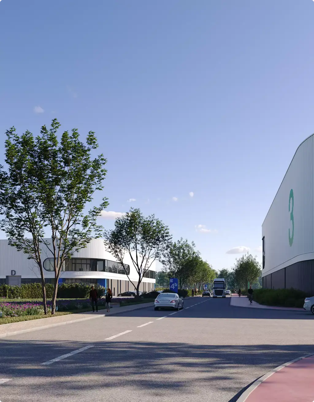 Gewerbeimmobilien-Visualisierung einer Gewerbeparkstraße mit modernen Logistikhallen