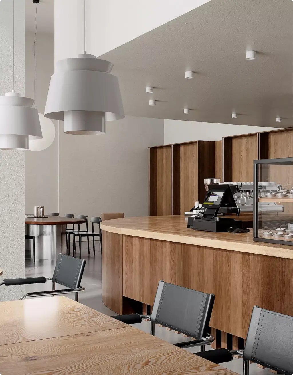 Gewerbeimmobilien-Visualisierung eines modernen Café-Tresens mit Holzoberflächen und Sitzplätzen