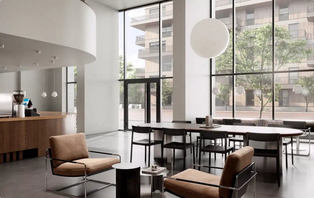 Gewerbeimmobilien-Visualisierung einer hellen Café-Lounge mit hohen Fenstern und Holzoberflächen