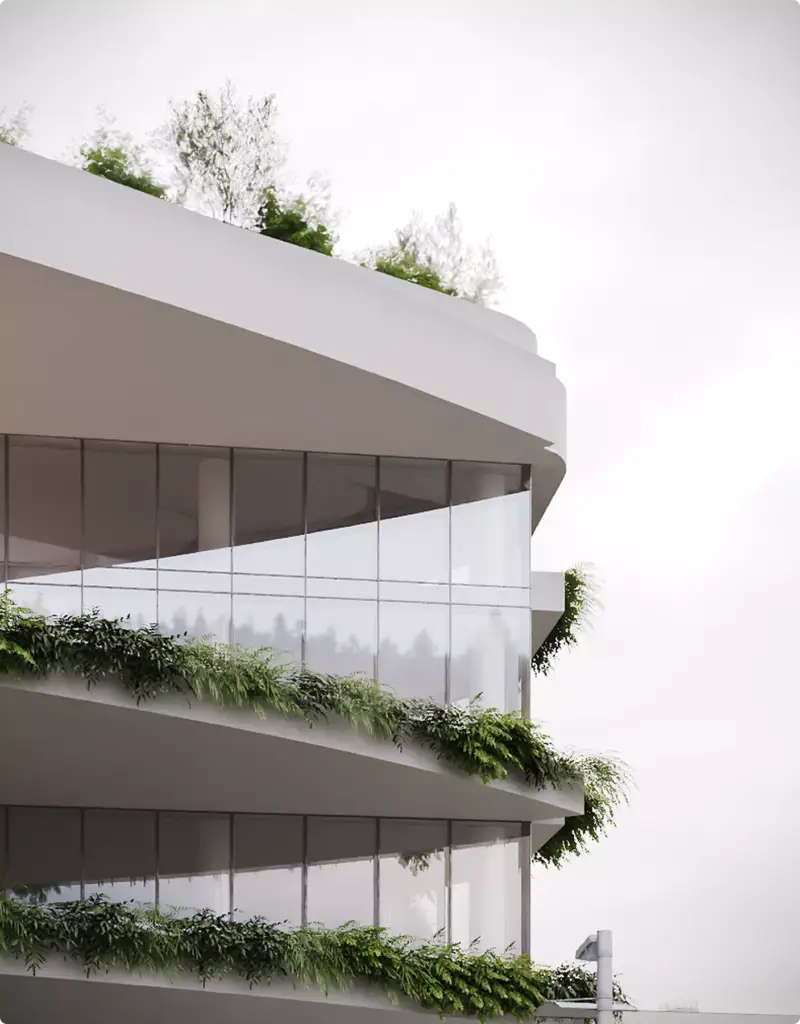 Commercial 3D rendering portfolio of a curved glass facade with layered greenery and rounded balconies