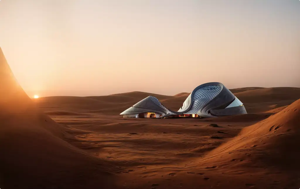 Gewerbeimmobilien-Visualisierung eines flachen futuristischen Komplexes in Wüstendünen bei Sonnenaufgang