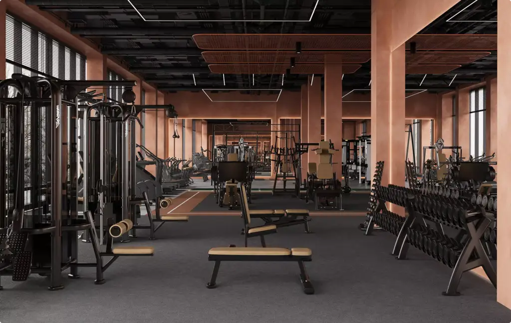 Gewerbeimmobilien-Visualisierung eines großen Fitnesscenters mit Gewichten und Geräten