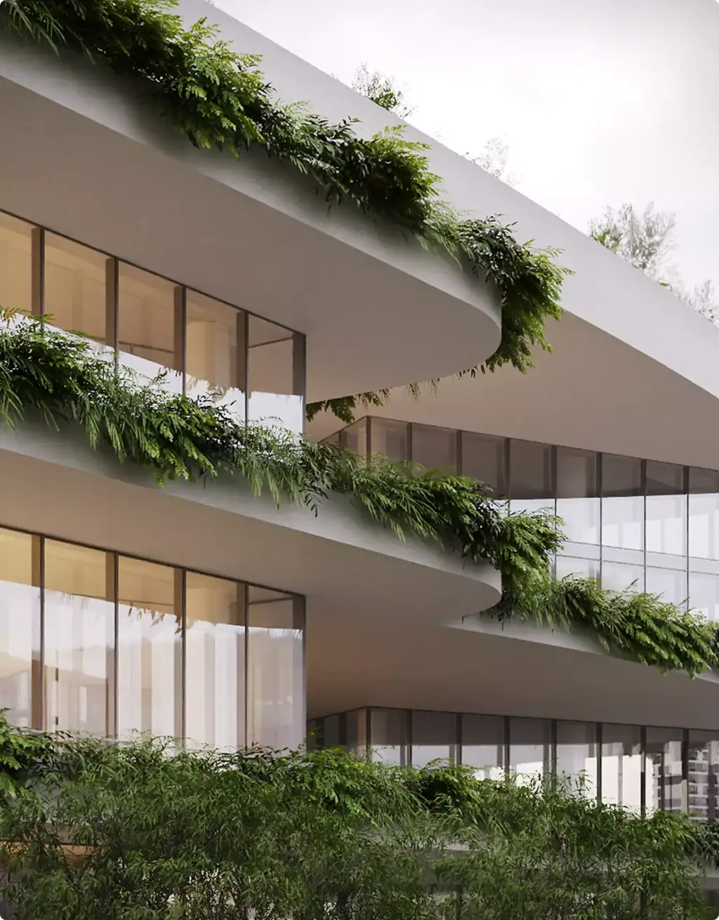Gewerbeimmobilien-Visualisierung einer modernen Bürofassade mit begrünten Balkonebenen