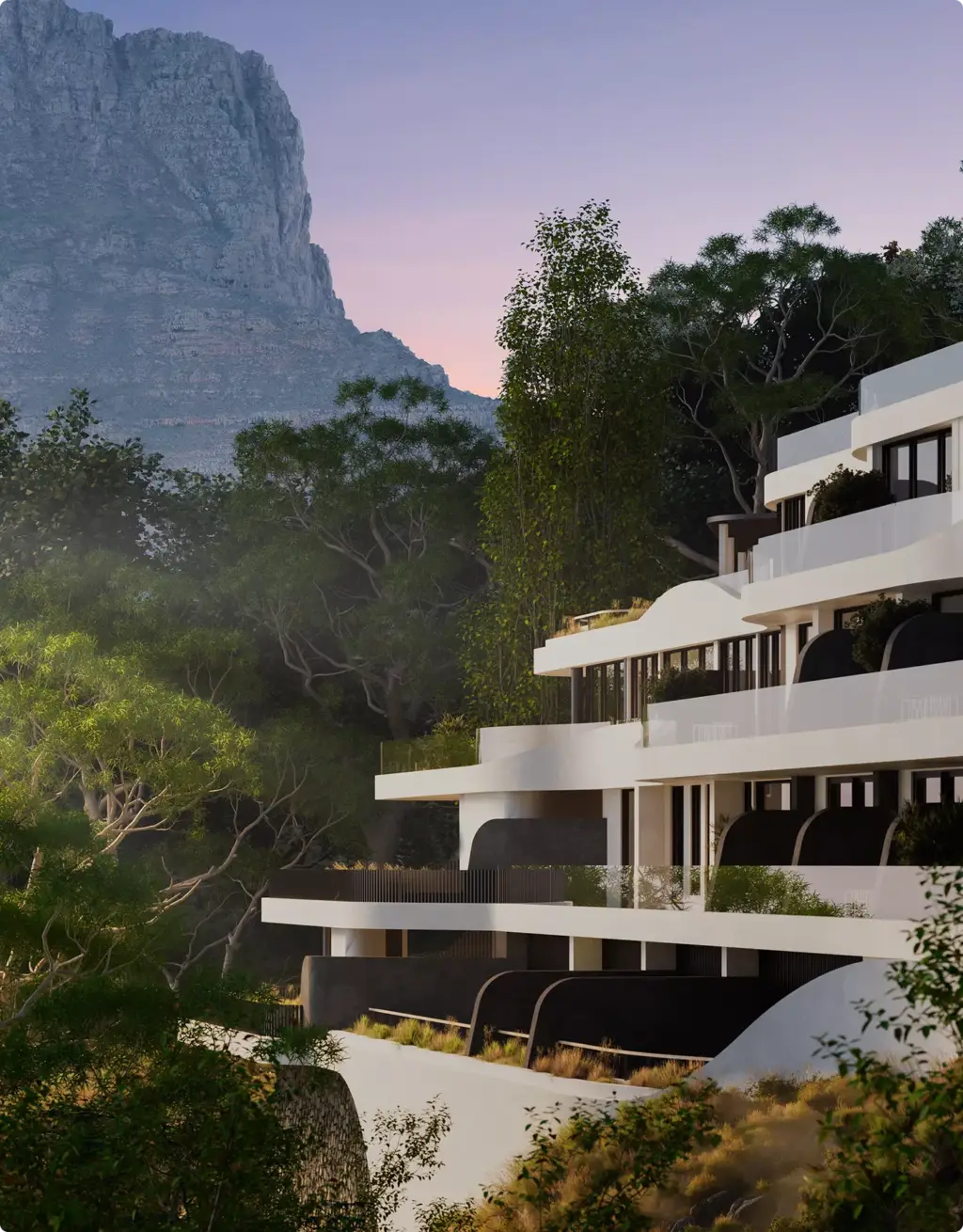 3D-Visualisierung einer modernen Wohnanlage am Hang zwischen Bäumen und Bergen