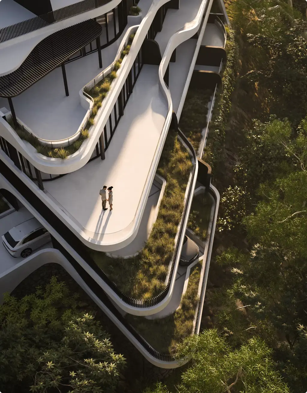 3D-Visualisierung terrassierter Außenbereiche eines Hanggebäudes mit Bepflanzung