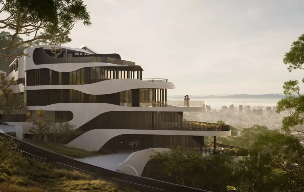 3D-Visualisierung einer geschwungenen Hangvilla mit Blick auf die Skyline