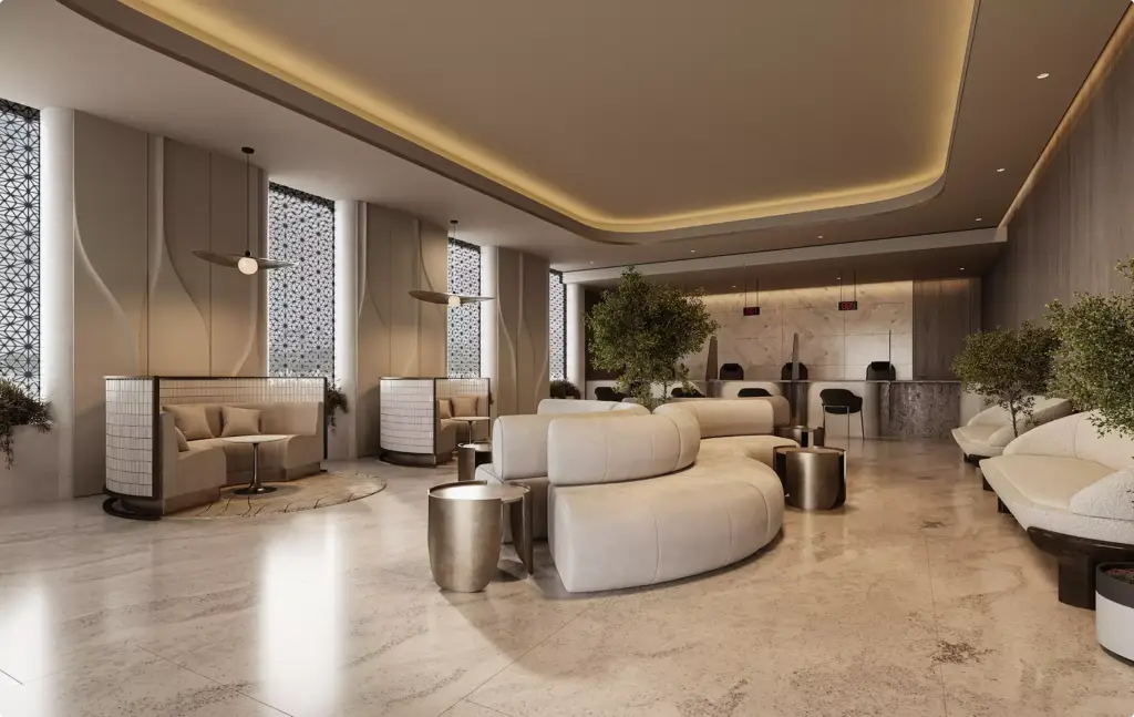 Gewerbeimmobilien-Visualisierung einer Hotellobby mit geschwungener Sitzlandschaft und warmem Licht