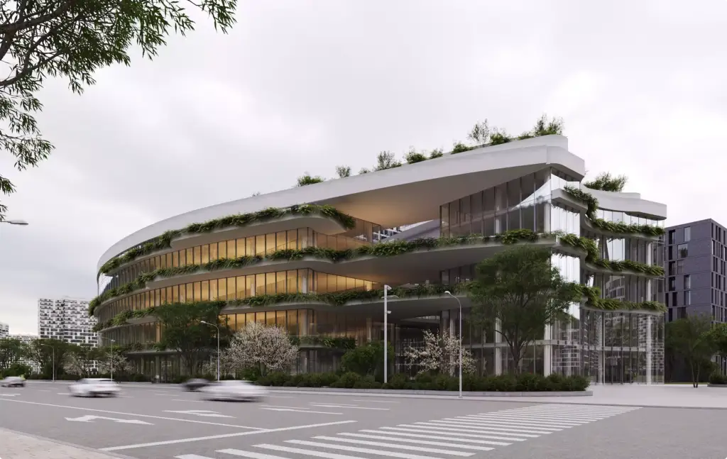 Gewerbeimmobilien-Visualisierung eines begrünten Bürogebäudes mit geschwungener Architektur