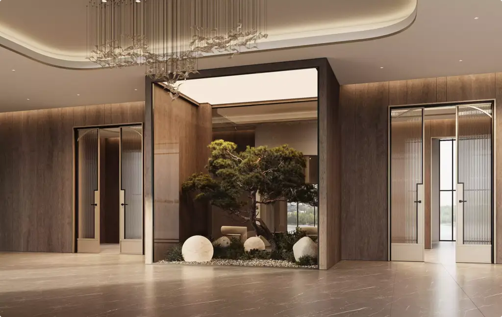 Gewerbeimmobilien-Visualisierung einer hochwertigen Lobby mit Holzinterieur und Zen-Garten