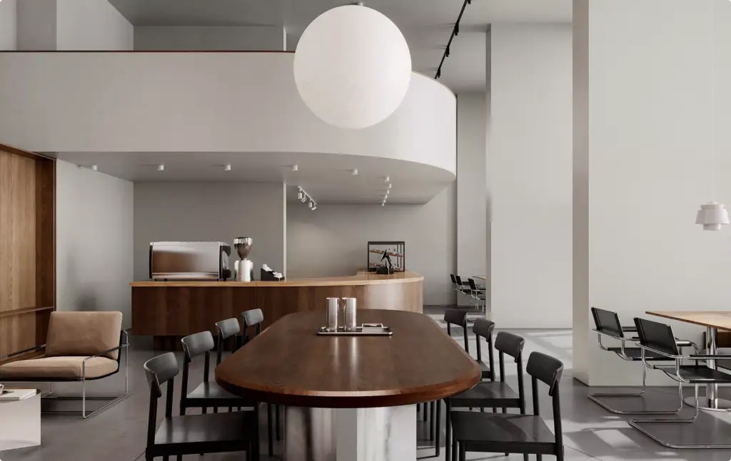 Gewerbeimmobilien-Visualisierung eines minimalistischen Café-Interieurs mit geschwungener Galerie-Bestuhlung