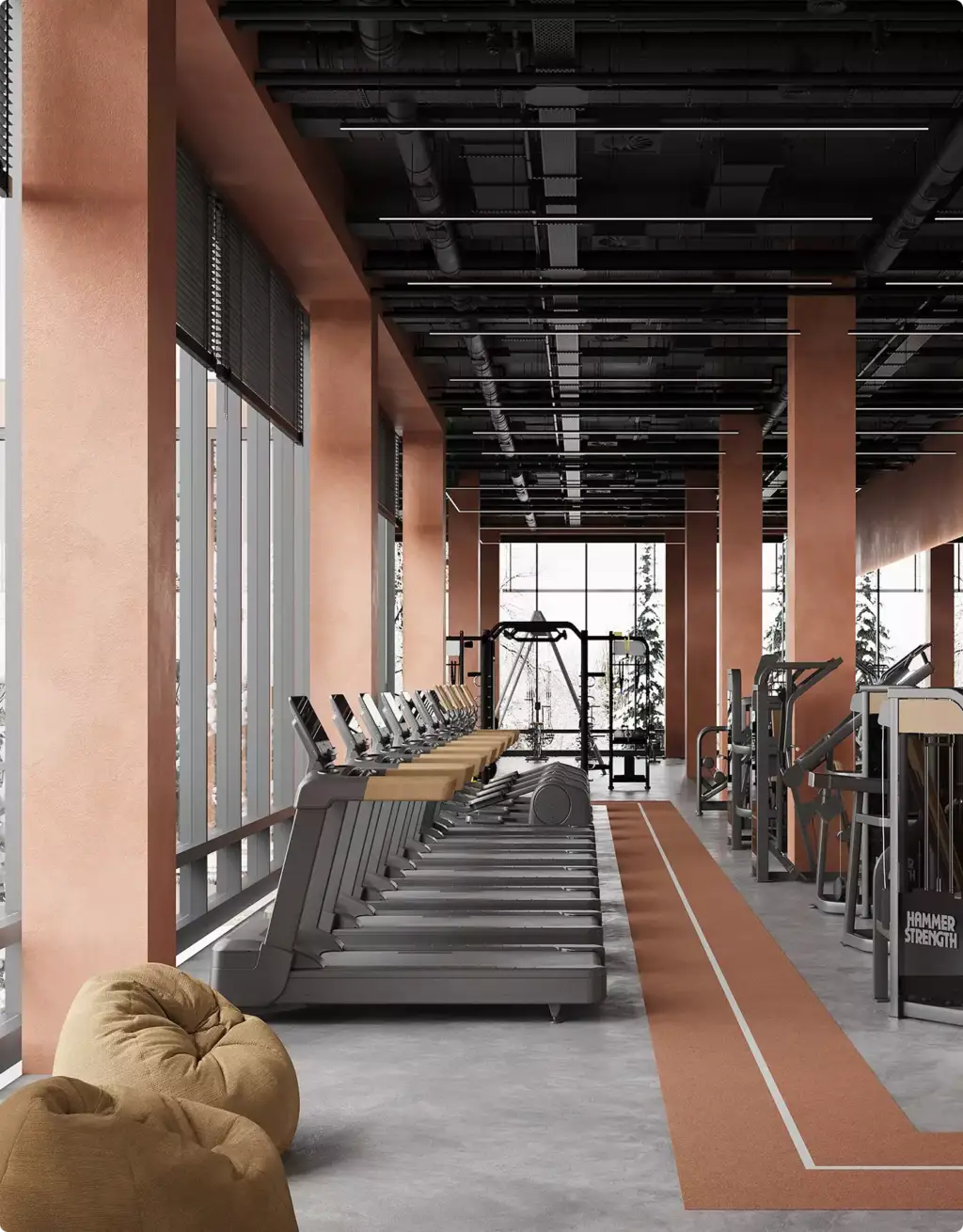 Gewerbeimmobilien-Visualisierung eines modernen Fitnessstudios mit Laufbändern und hohen Fenstern