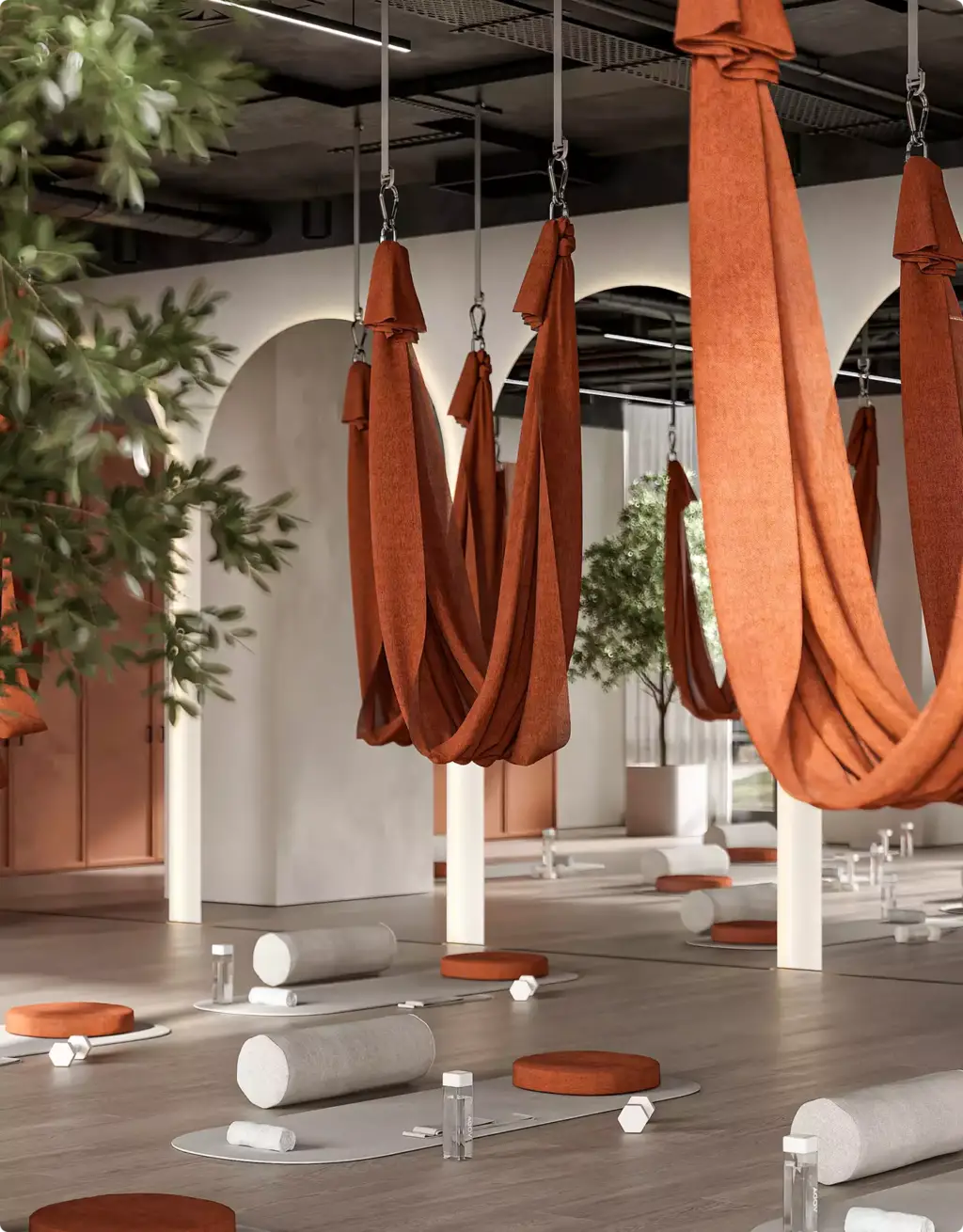 Gewerbeimmobilien-Visualisierung eines Aerial-Yoga-Studios mit hängenden Tüchern