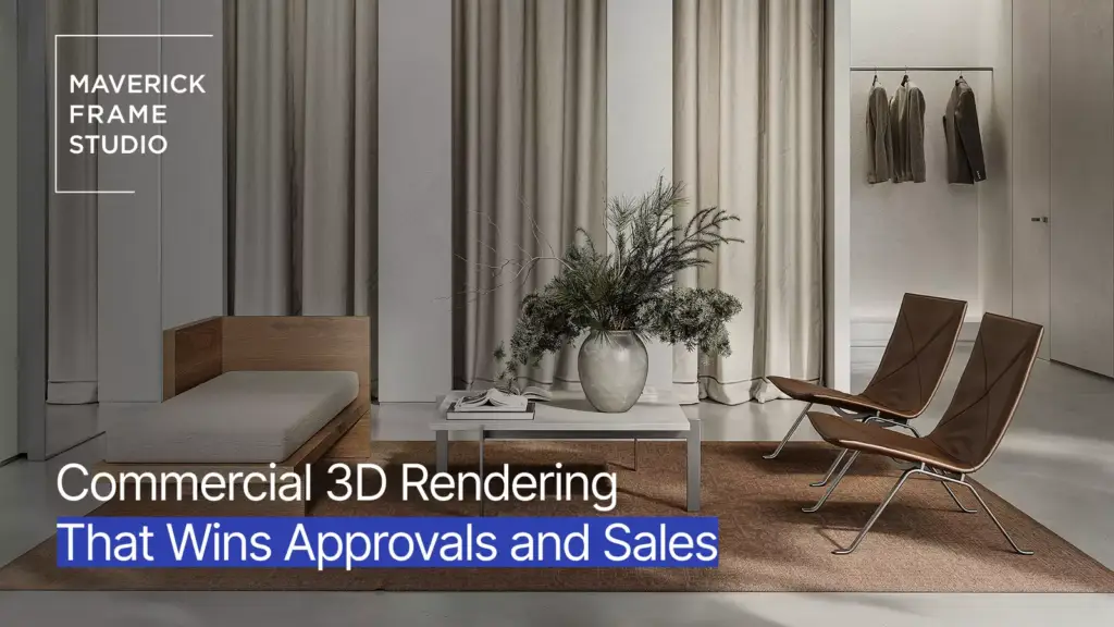 Render comercial 3D de un lounge con cortinas claras, butacas de cuero y perchero, con el logotipo del estudio