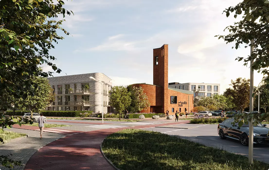 Gewerbeimmobilien-Visualisierung einer Stadtstraße mit Backsteingebäude, Turm, Passanten, Autos und Bepflanzung