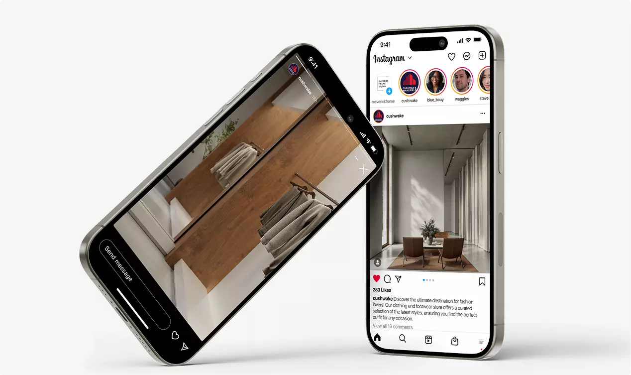 Commerciële exterieurvisualisatie op smartphones met het winkelinterieur in een social-mediainterface