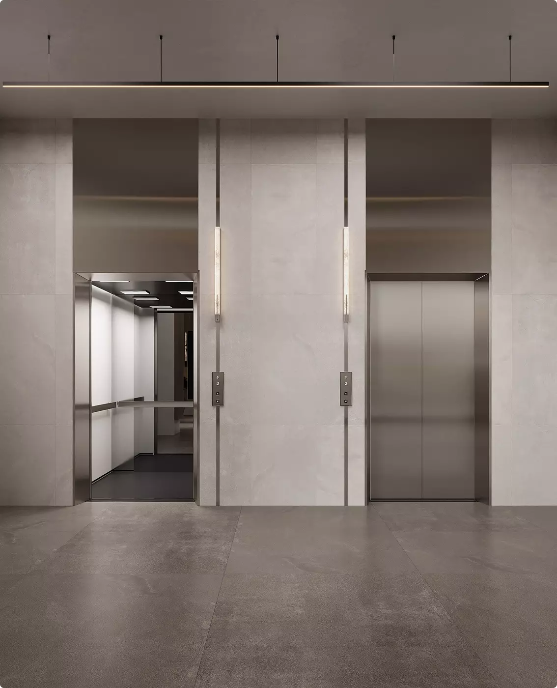 Atrio ascensori nel design di una palestra commerciale con porte in metallo, luci a parete e interni minimali