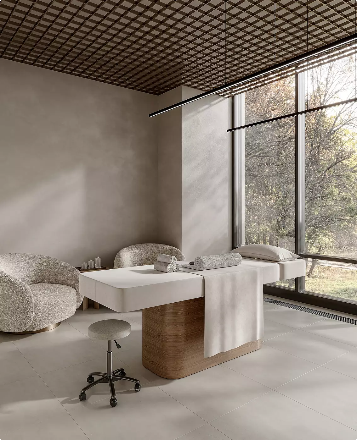Sala massaggi nel design di una palestra commerciale con lettino, sedute e grande finestra panoramica