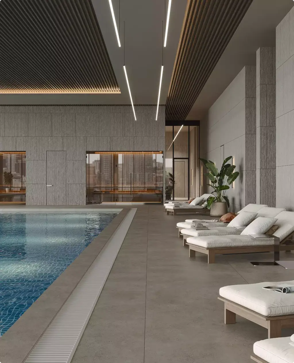 Render of a fitness club pool with a row of white loungers along the water
