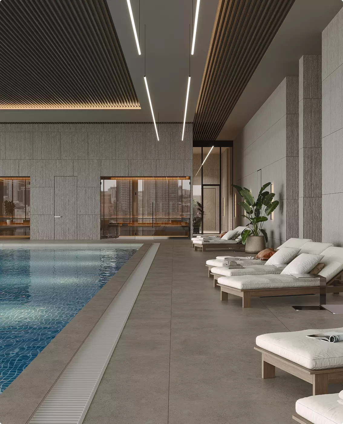 Lounge a bordo piscina nel design di una palestra commerciale con poltrone imbottite, piante e pareti materiche