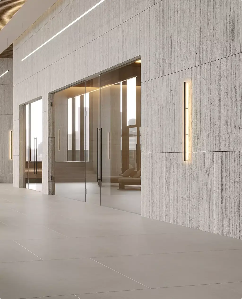 Render of a spa corridor with textured stone walls, glass doors and a slim wall light