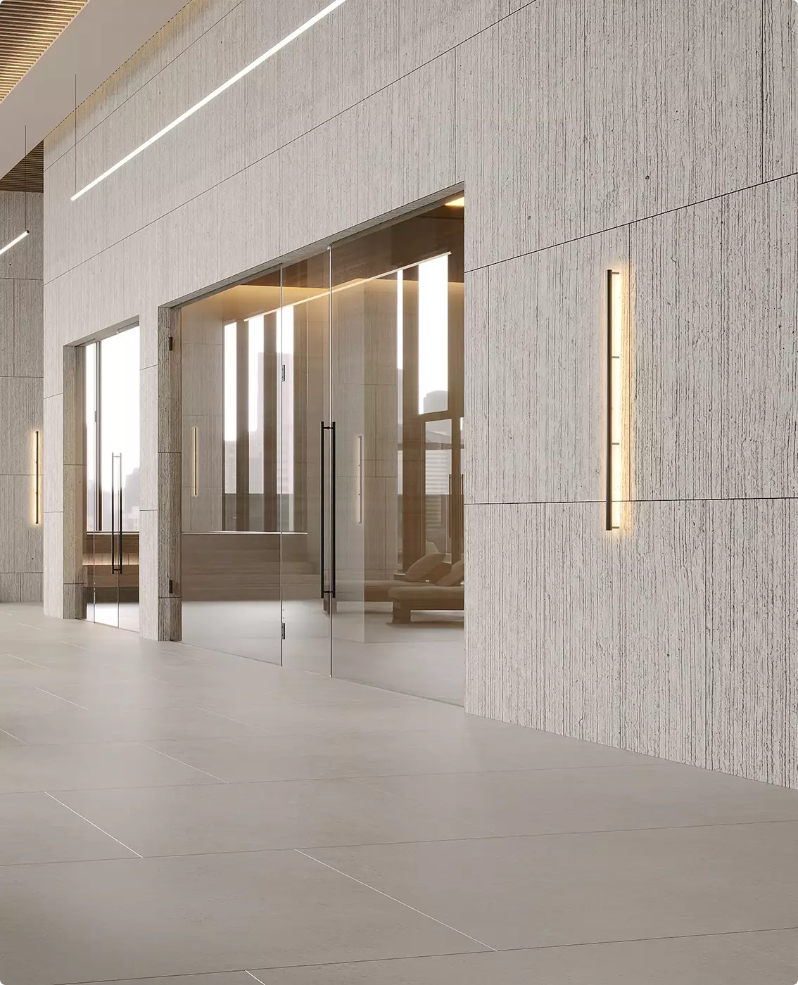 Corridoio spa nel design di una palestra commerciale con porte in vetro, pareti in pietra e luce calda