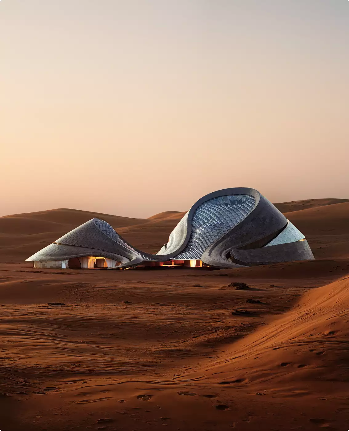 Vista cercana del render 3D de hotel en el desierto con cubiertas curvas esculpidas al anochecer