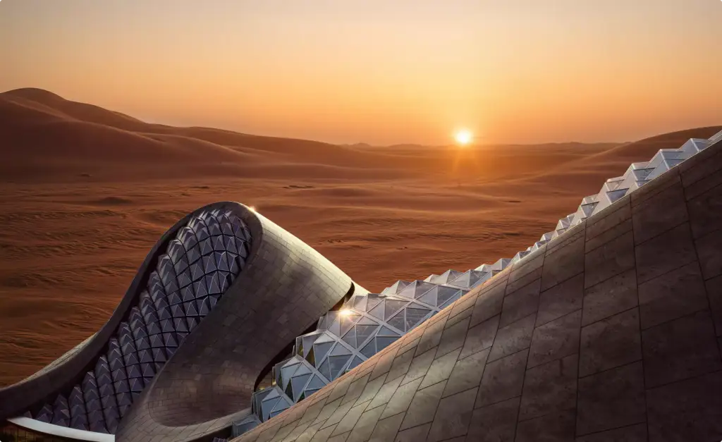 Cubierta del render 3D de hotel en el desierto con paneles de vidrio geométricos y amanecer sobre las dunas