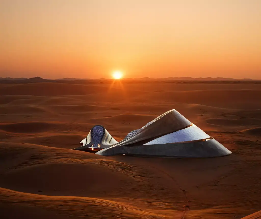 Vista lateral del render 3D de hotel en el desierto al atardecer, con estructura estratificada entre dunas