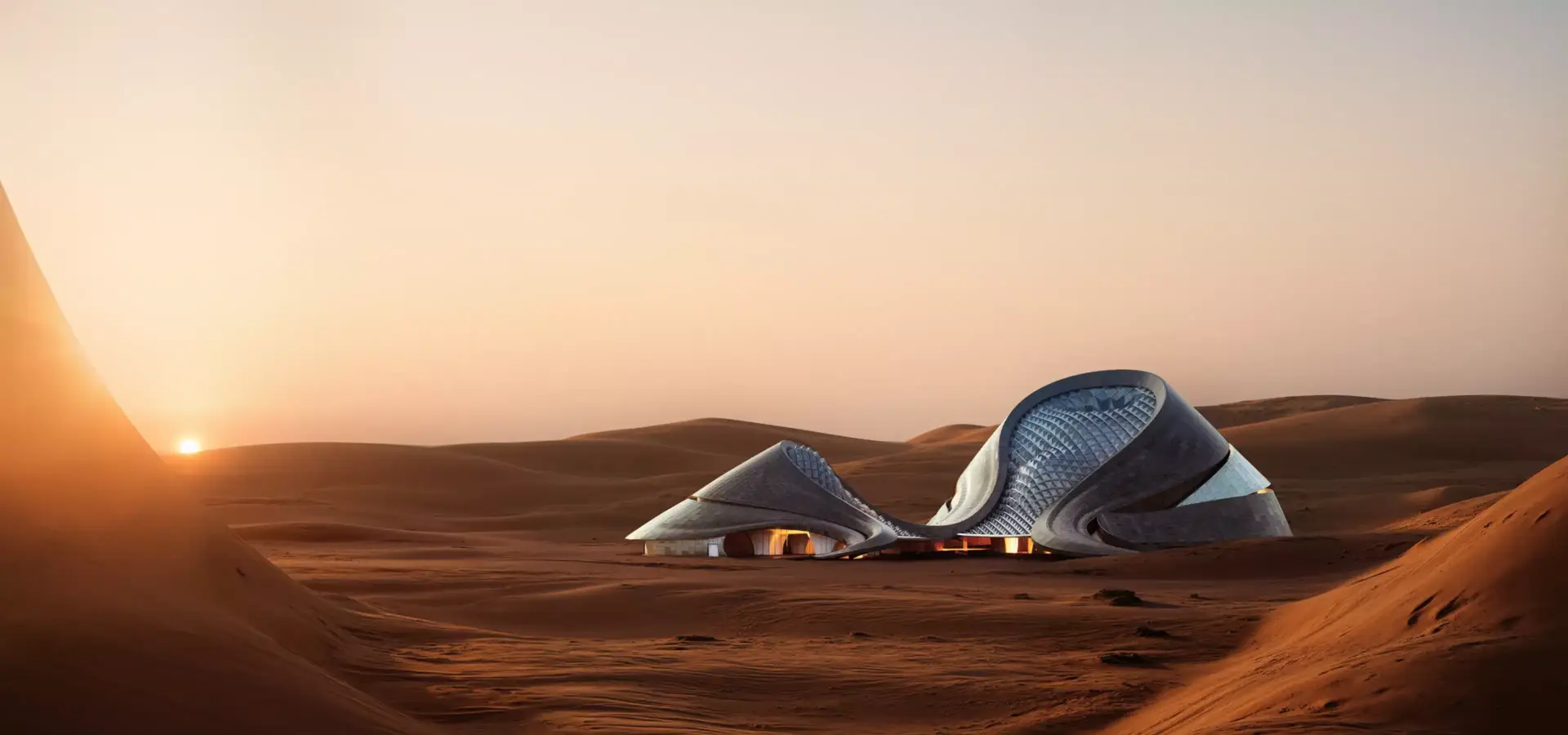 Render 3D de hotel futurista en dunas de arena al atardecer, con volúmenes metálicos curvos