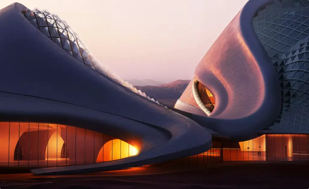 Vista cercana de la visualización del resort con fachada curva y ventanas interiores iluminadas