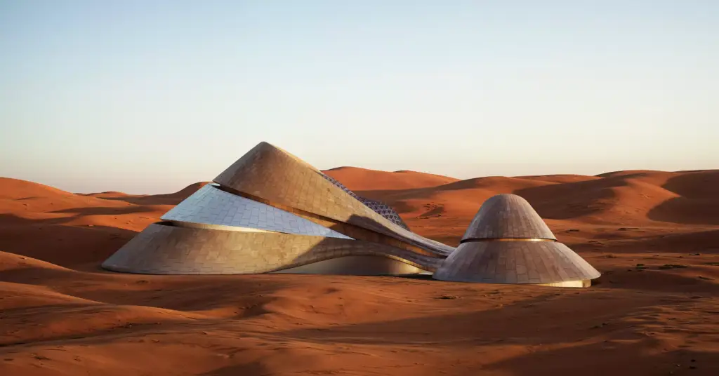 Visualización del resort en el desierto con volúmenes curvos estratificados integrados en las dunas