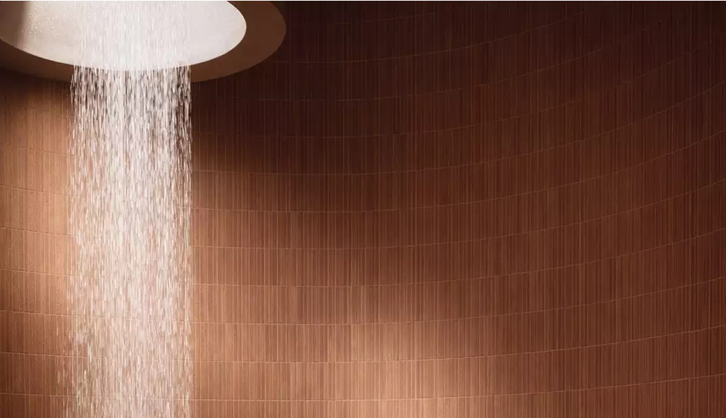 Ducha en la visualización del resort, con el agua cayendo sobre una pared curva alicatada