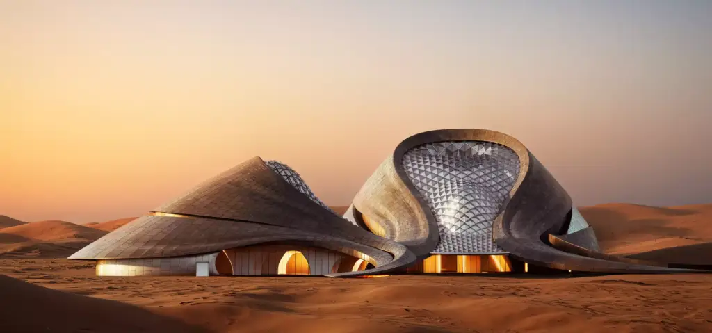 Visualización futurista del resort en el desierto con estructura metálica fluida entre dunas al atardecer