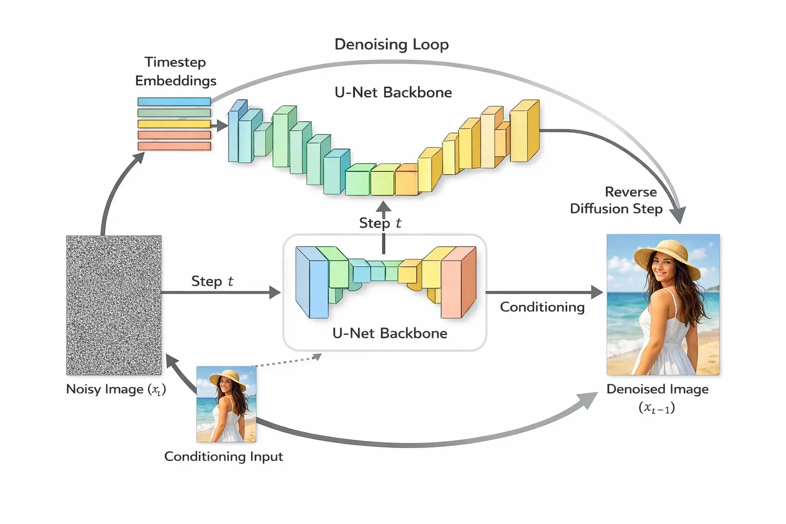 diffusion model architecture with U-Net denoising loop and reverse diffusion process explained