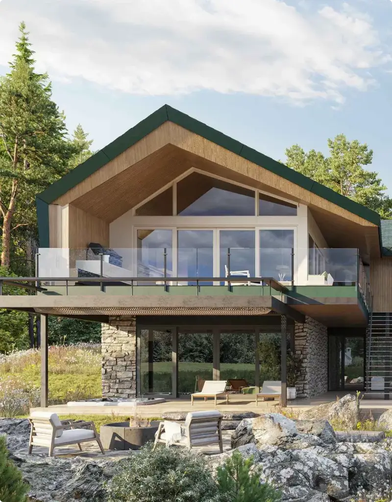 Vue extérieure de face d'un chalet contemporain à façade vitrée, terrasse sur piliers et jardin rocheux avec brasero