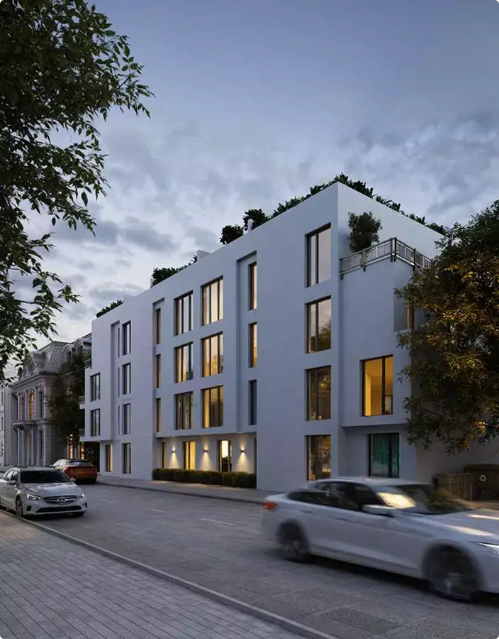 Render exterior 3D de un edificio de apartamentos en la calle al atardecer