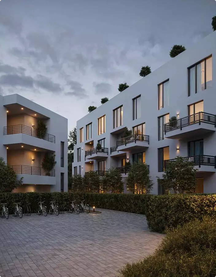¿Qué es un render? Tipos, usos, proceso y precio Render 3D exterior de un edificio de apartamentos al atardecer