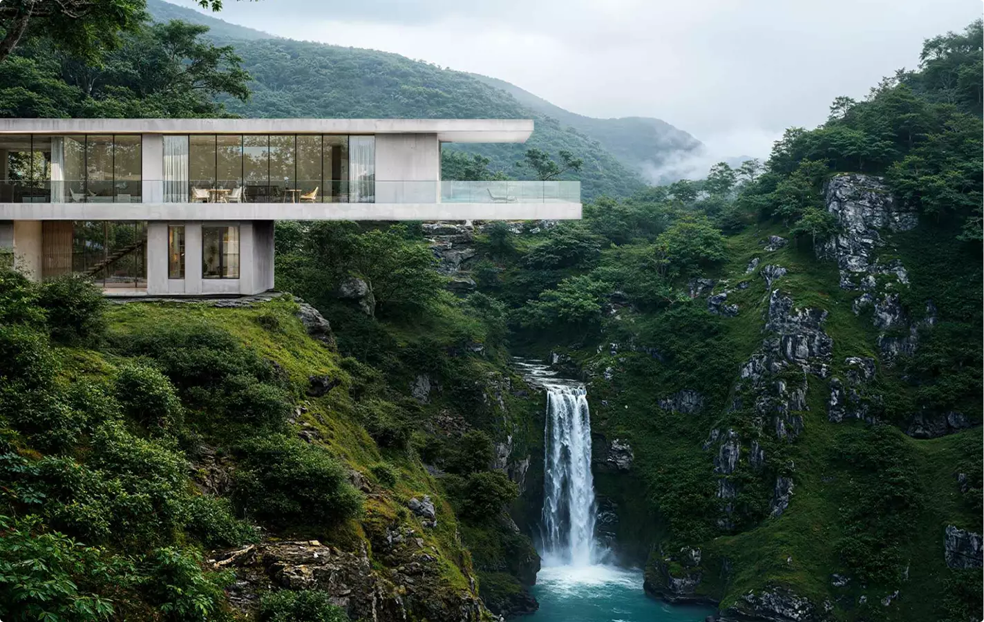 Glass-facade modern house rendering echoing the International Style emphasis on transparency and thin planes