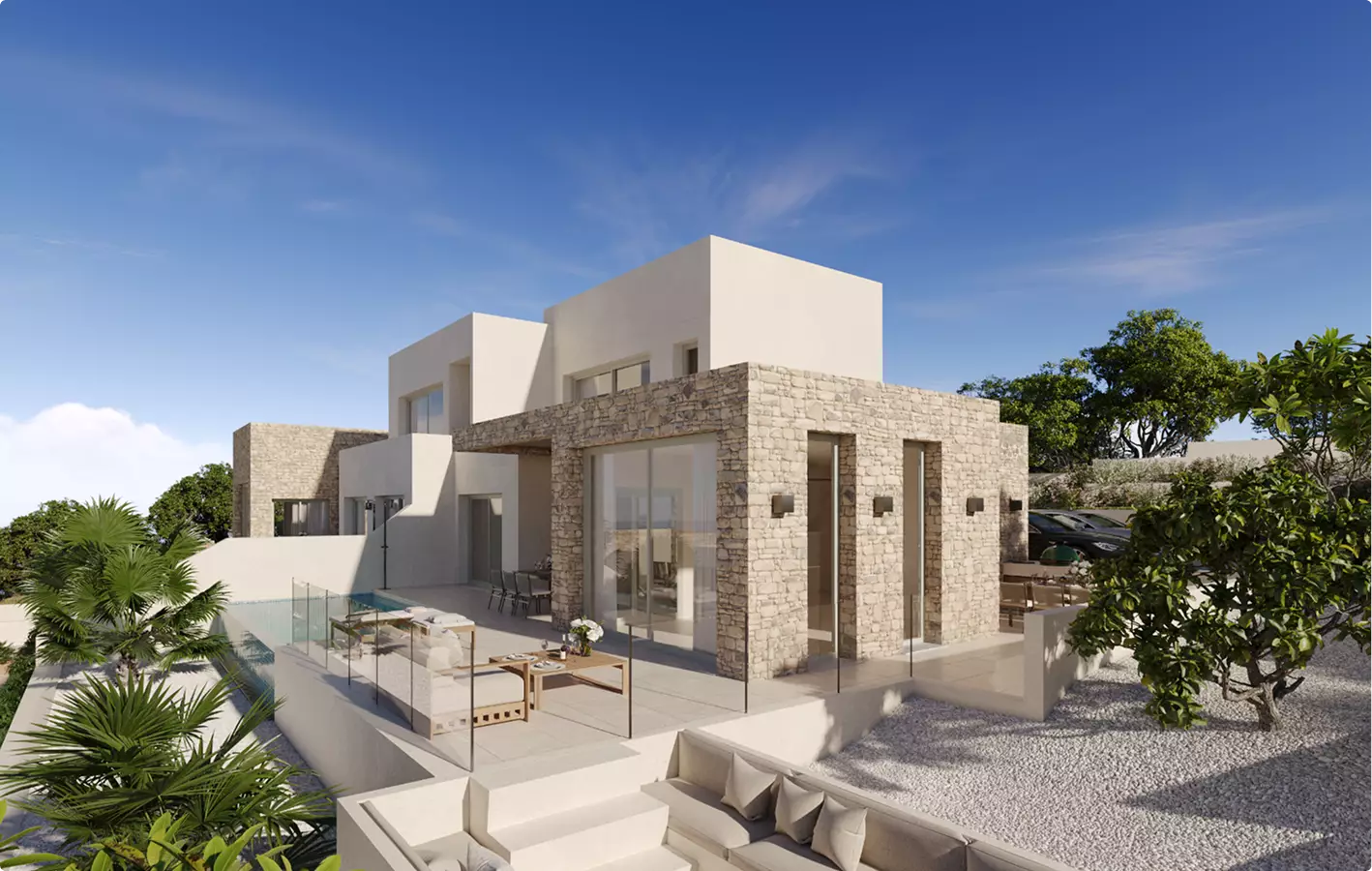 Render exterior diurno de una villa de piedra con terraza