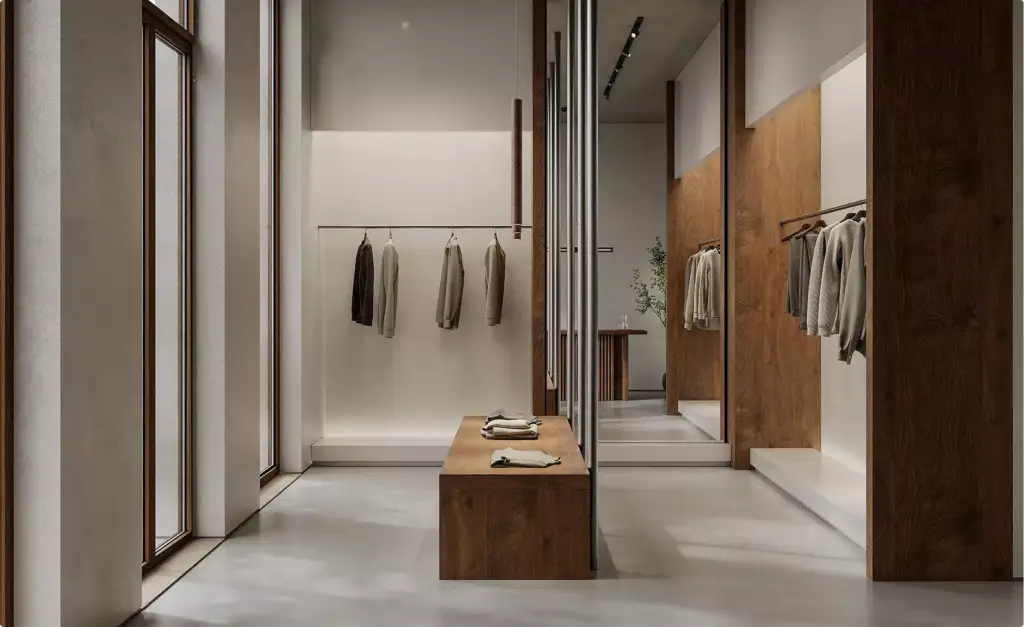 Interieurontwerp van modewinkel met centrale houten bank, spiegels en minimalistische indeling met kledingdisplays