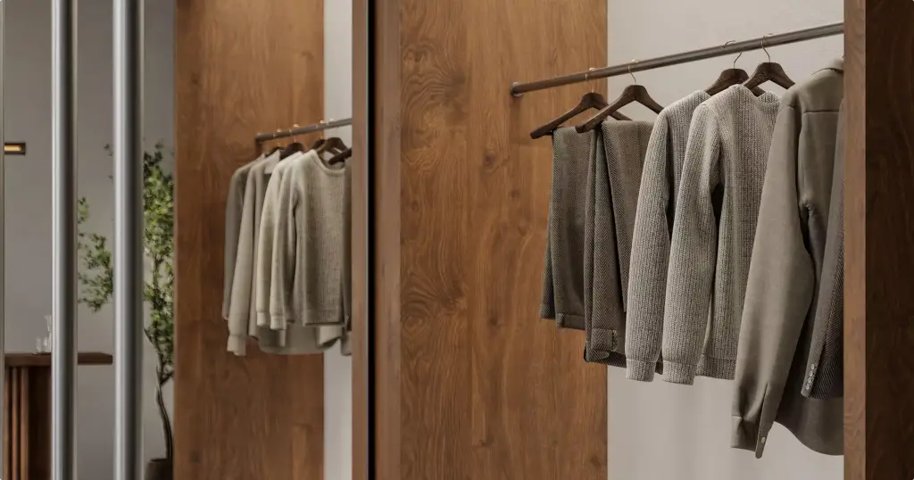 Interieurontwerp van modewinkel met kledingrek, houten panelen en neutrale kledingstukken aan hangers