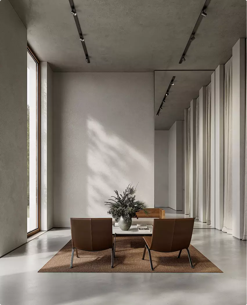 Interieurontwerp van modewinkel met loungezit, stoelen, vloerkleed en groot raam met daglicht