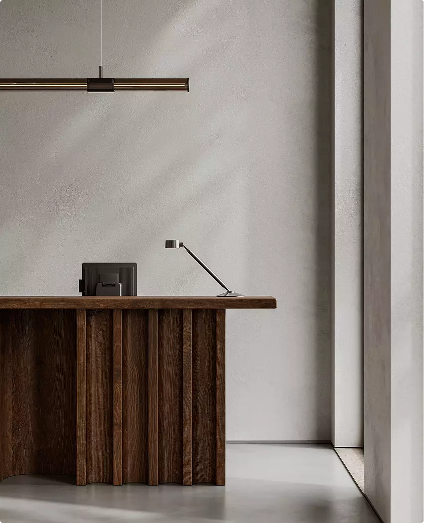Interieurontwerp van modewinkel met houten balie, lamp en strakke minimalistische achterwand