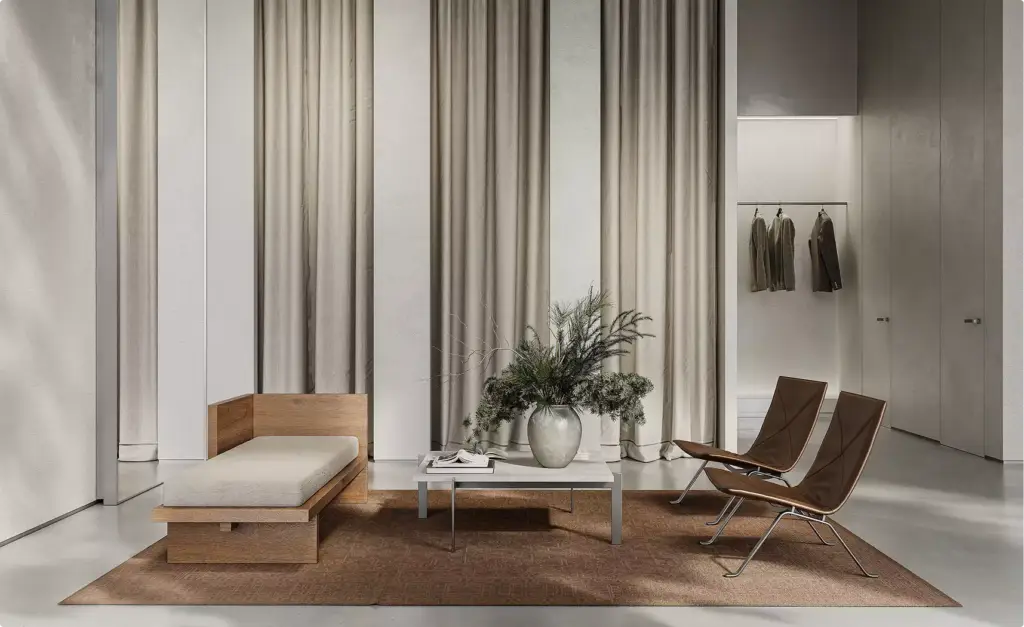 Interieurontwerp van modewinkel met bank, stoelen, tafel en gordijnwand in neutrale tinten
