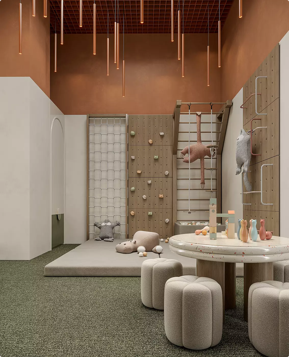 Espace enfants : mur d'escalade avec prises, filet à grimper, échelle suédoise et table en terrazzo entourée de poufs