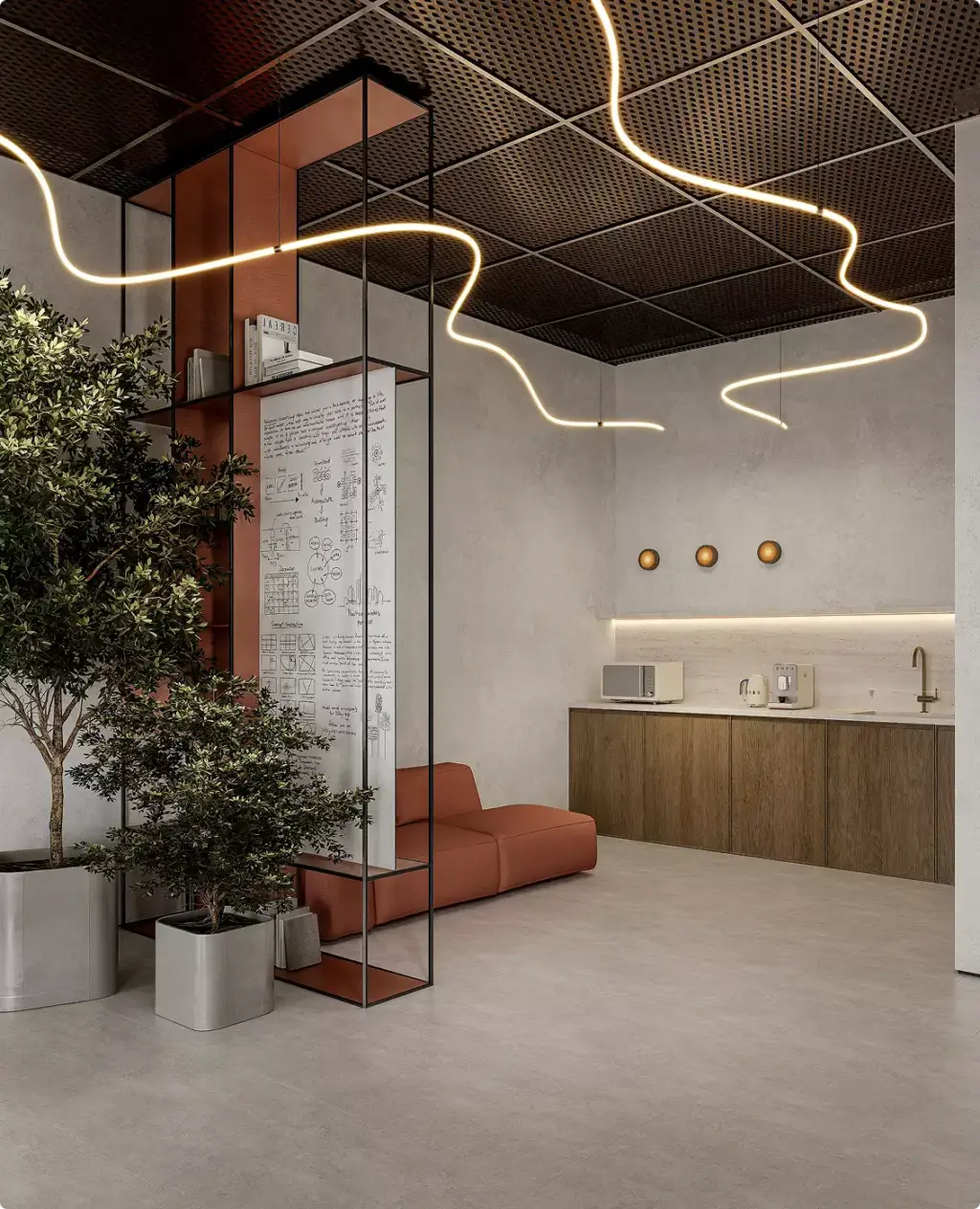 Lounge di lavoro nel progetto architettonico di un centro fitness con scaffalature, piante e lampade moderne