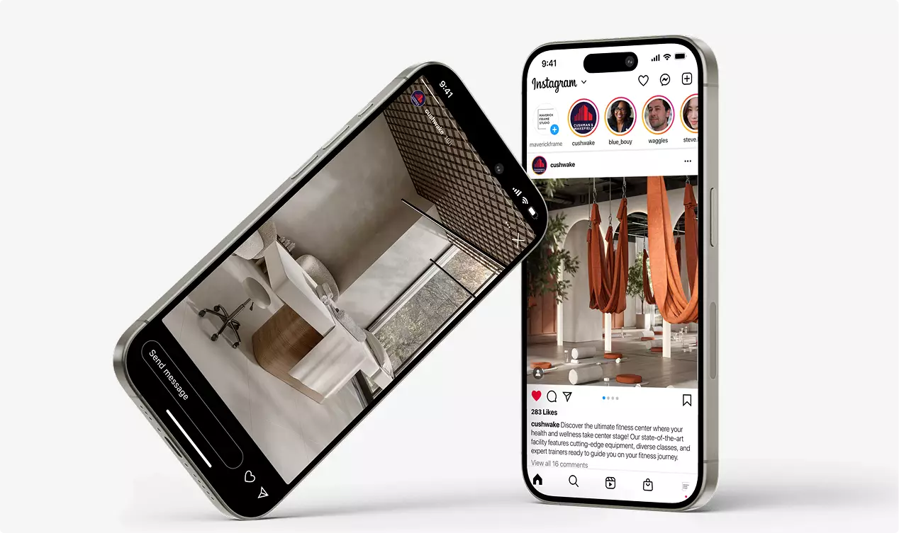 Schermi di smartphone con l'interior design di un club fitness mostrato sui social